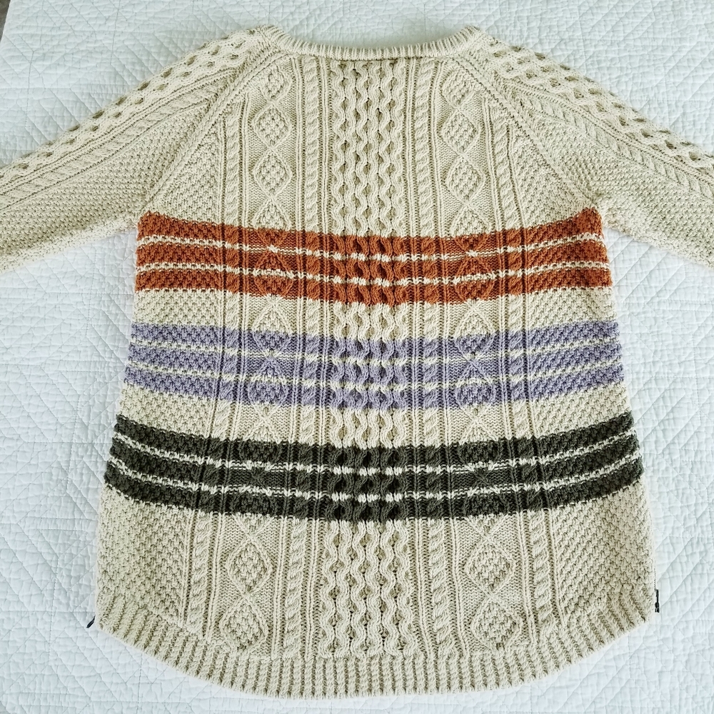 L.L. Bean Beige Stripe Chunky Cotton Cable Knit Fisherman Tunic Sweater Large - Picture 5 of 7
